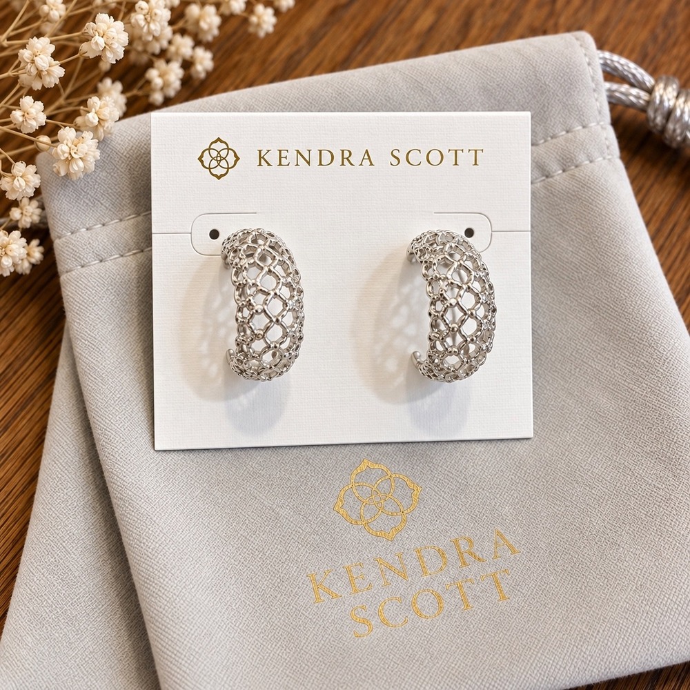 Kendra Scott Krista Lace Huggie Earrings Silver Filigree Openwork NWOT